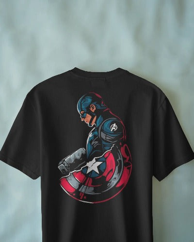 Black t-shirt with superhero graphic on a light gray background